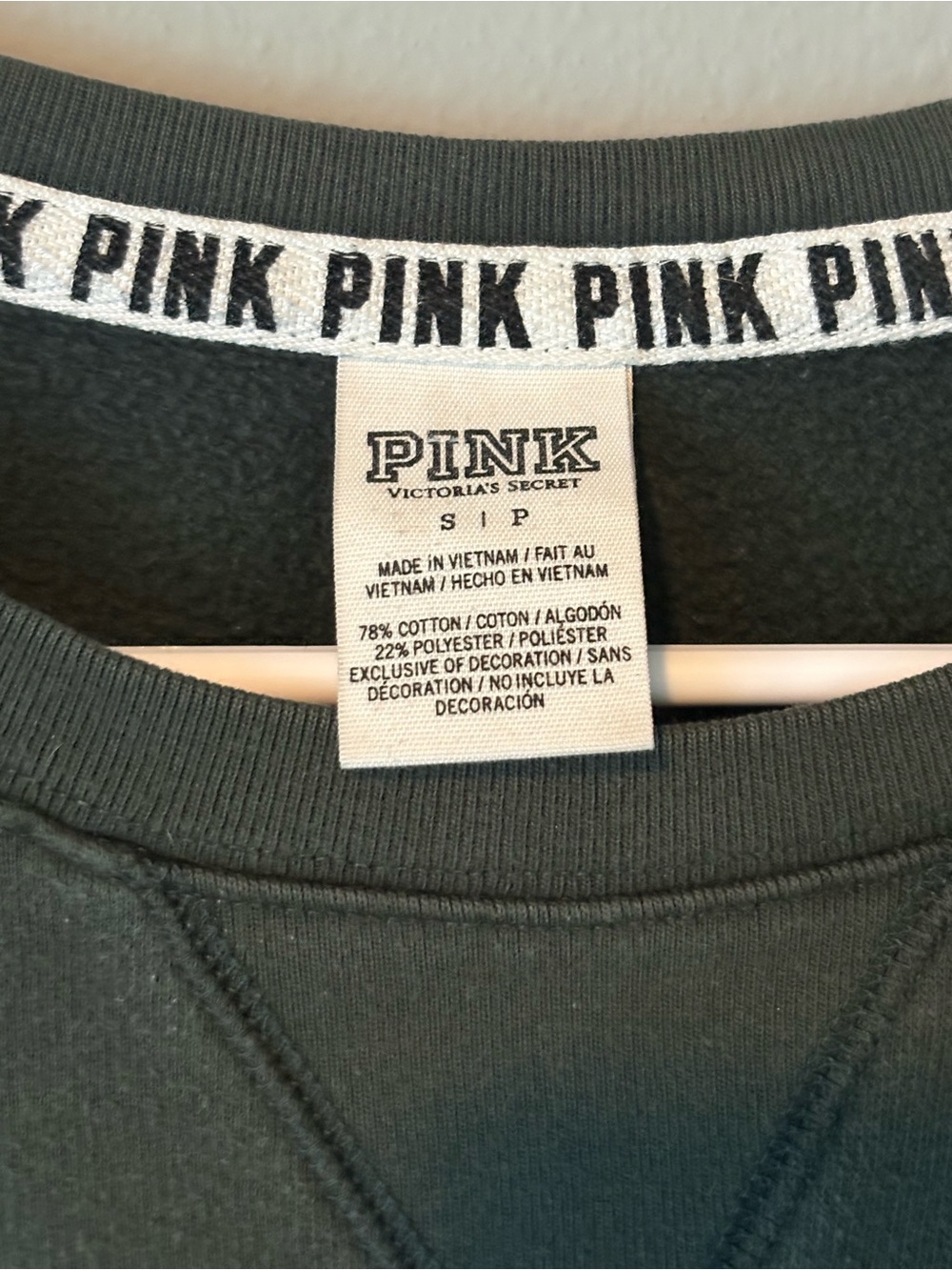 Victoria's Secret PINK Crewneck Sweatshirt Small Dark Green White Spellout Logo - Picture 5 of 6